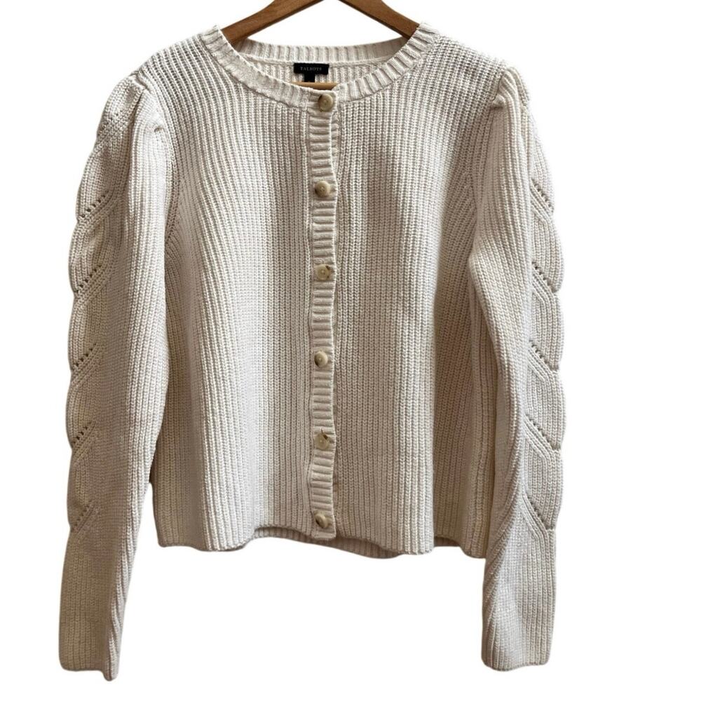 Talbots Chunky Knit Cream Puff Shoulders Crewneck Cardigan XL Cottagecore Preppy